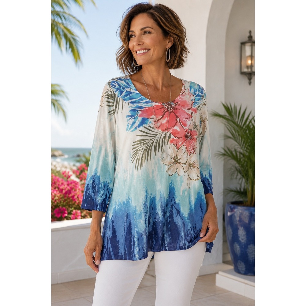 Chico's Size 3 Tropical Floral Watercolor Ombre Tunic Top Lined Stretch